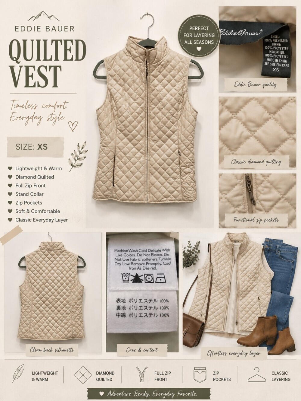Eddie Bauer Quilted Vesr Ecru Diamond  EUC Zip Pockets - XS